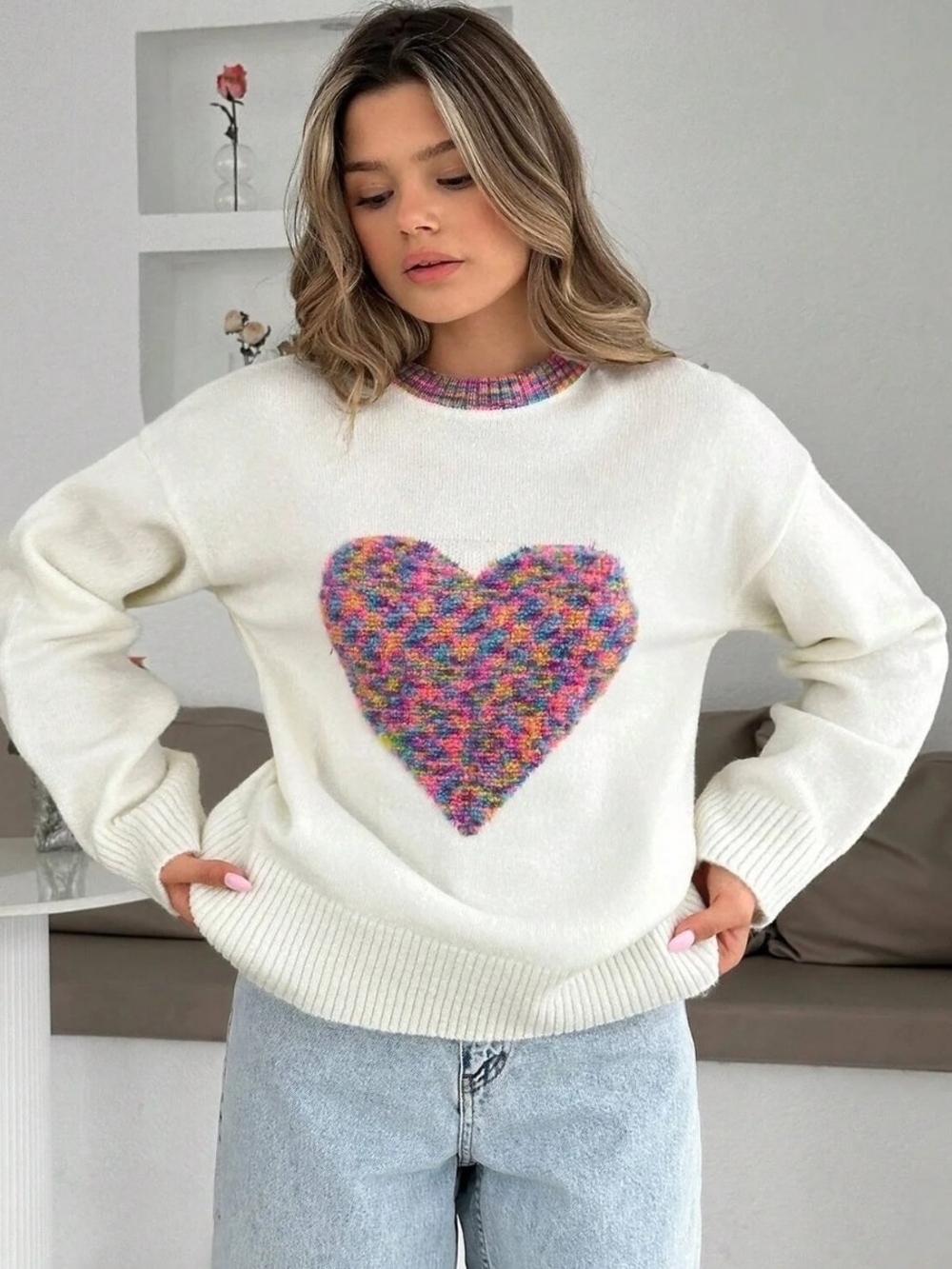SHEIN White Crewneck Sweater with Multicolor Heart